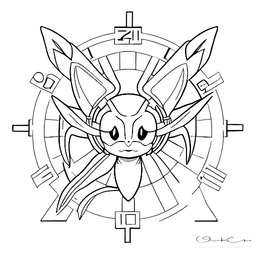 Create a minimalist pokemon celebi tattoo with a clock and plants tattoo design idea