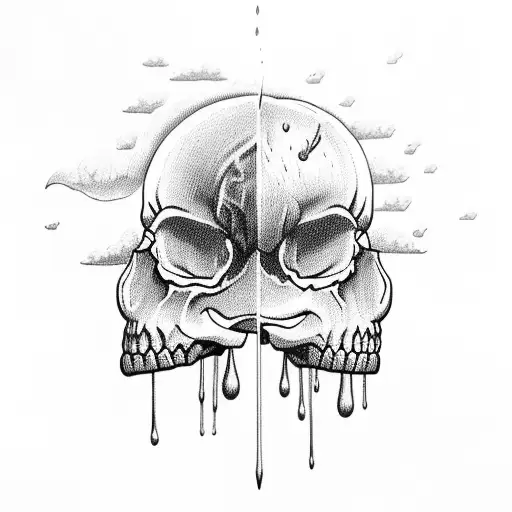 skull with clouds lightening and rain on brain tattoo design idea