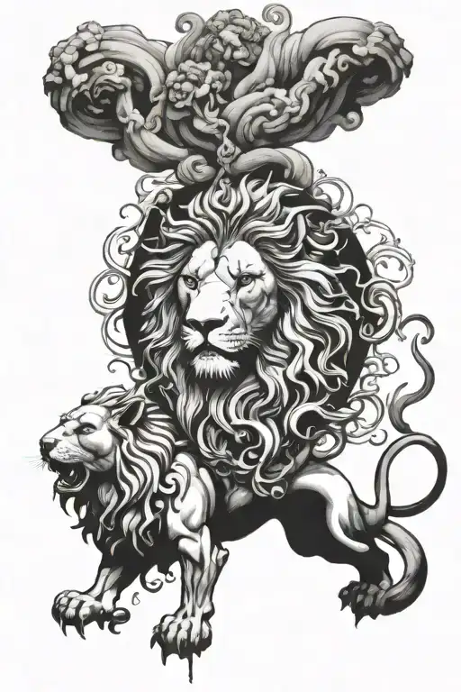 lion and god figure surrounded tattoo design idea