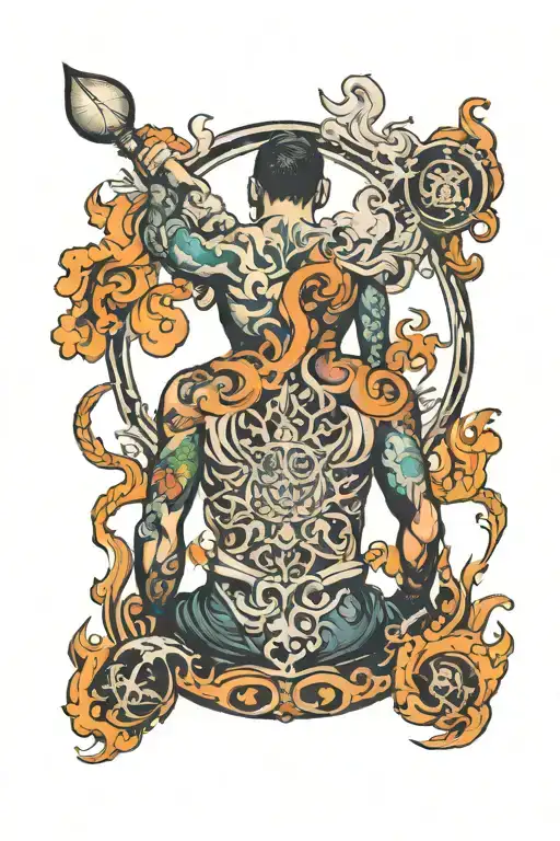 a man standing back surrounded by the four elements  tattoo design idea