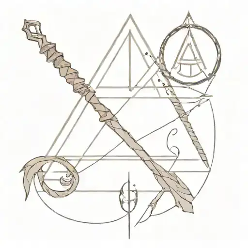 Gandalf staff middle, Aragorn sword gimli axe Legolas arrow as triangle & hobbit door as circle deathly hallows symbol tattoo design idea