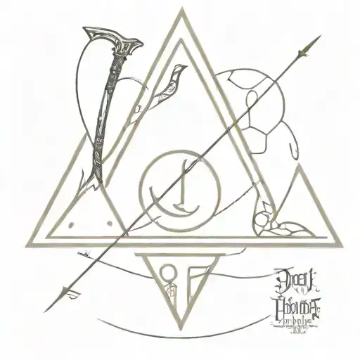 deathly hallows Gandalf staff middle, Aragorn sword gimli axe Legolas arrow as triangle & hobbit door as circle w/elvish tattoo design idea