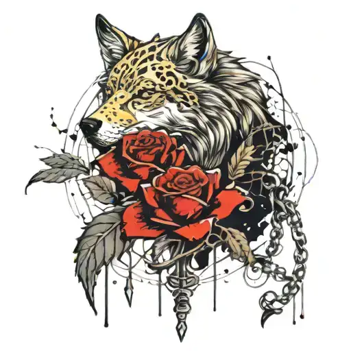 a small rose with a gold chain that is glowing and is on  the rose stem and a spirit wolf that has black fur tattoo design idea