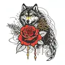  a small rose with a gold chain that is glowing and is on  the rose stem and a spirit wolf that has black fur tattoo design idea