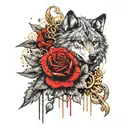  a small rose with a gold chain that is glowing and is on  the rose stem and a spirit wolf that has black fur tattoo design idea