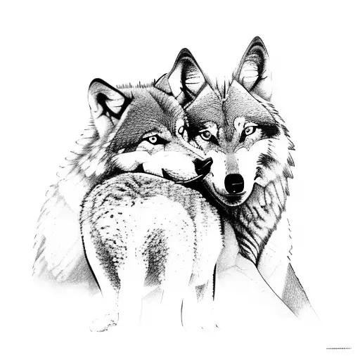 wolf protecting its cubs in a forest tattoo design idea