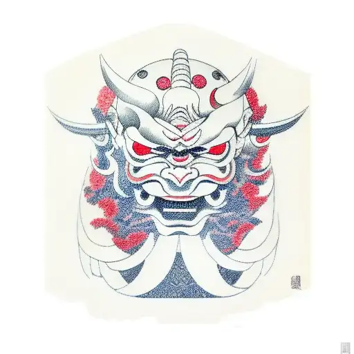 Oni mask with japanese waves surrounding it, three quarter turned face  tattoo design idea