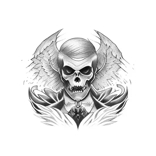 fallen angel male with the words "fear god" tattoo design idea
