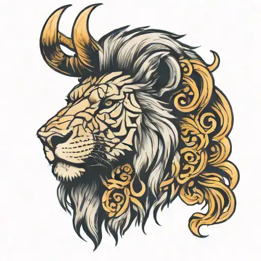 Animal face separately lion and buffalo in one image tattoo design idea