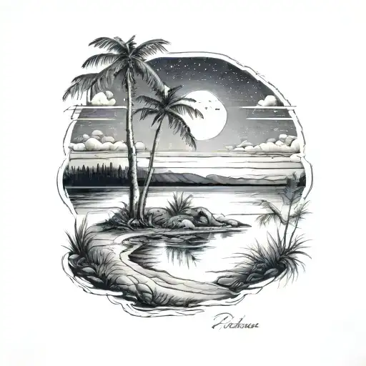 A beach overlooking a lake at night scene tattoo design idea