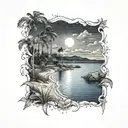 A beach overlooking a lake at night scene tattoo design idea