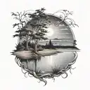 A beach overlooking a lake at night scene tattoo design idea