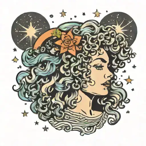 Galaxy goddess woman with  curly hair and stars surrounding her head colored tattoo design idea