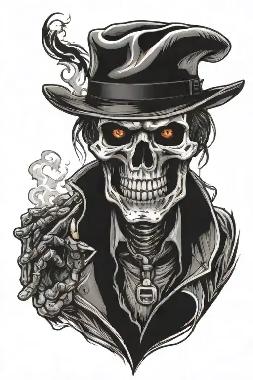 Cowboy on fire smoking cigar smoking skeleton man standing tattoo design idea