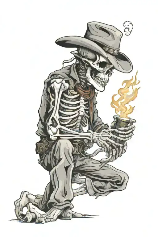 Cowboy with fire smoking cigar smoking skeleton man tattoo design idea