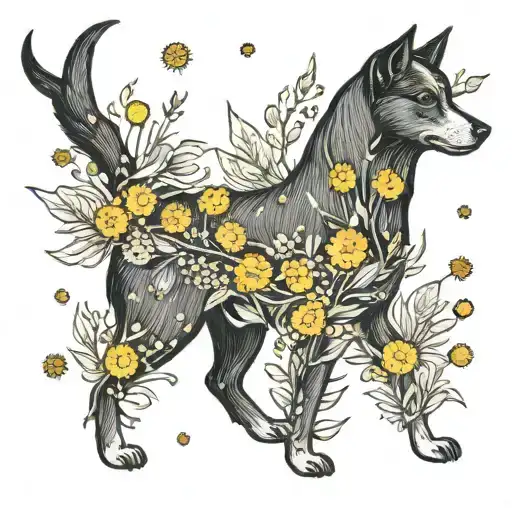Australian Kelpie dog made out of dandelion flower tattoo design idea