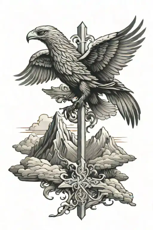 cross with mountains rising Phoenix tattoo design idea