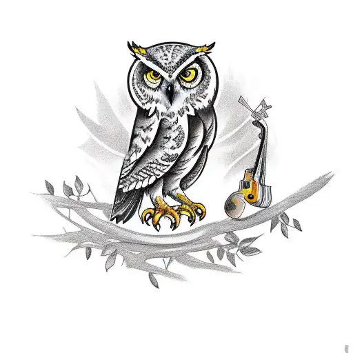 A traditional-style tattoo depicting an owl perched on a branch, surrounded by musical instruments and sheet music. tattoo design idea