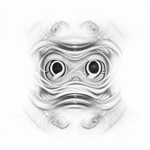 A surreal tattoo of eyes with a hypnotic swirl design, encircled by teeth tattoo design idea