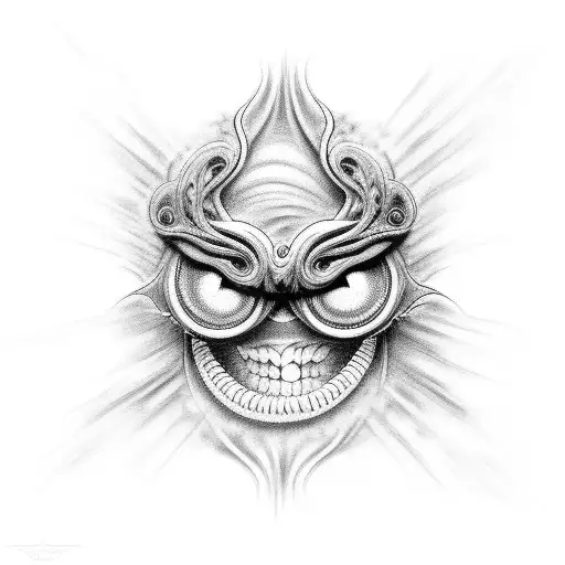 A dark and mysterious tattoo of multiple eyes intertwined with a swirling motif, framed by teeth tattoo design idea