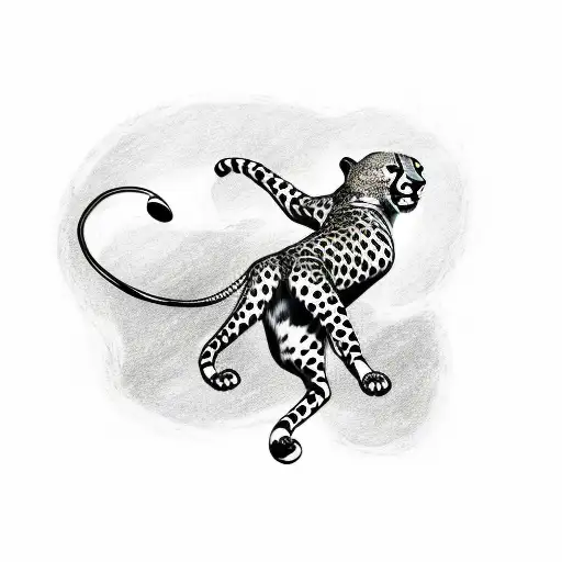 A sketch-style tattoo of a cheetah leaping over a guitar with music notes in the background tattoo design idea