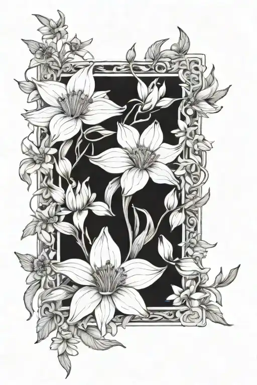 daisies, narcissus, sunflowers, lilies blooming along tattoo design idea