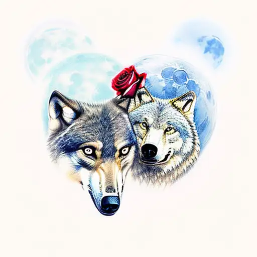 wolf and bear, with a moon and roses tattoo design idea