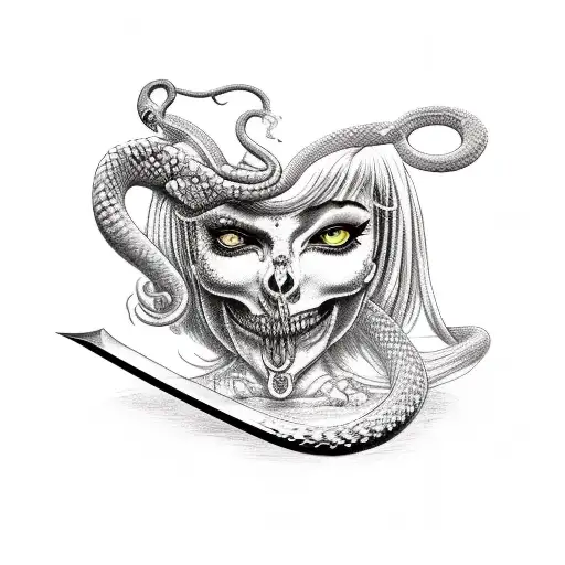 Ilustitia with a snake around her sword tattoo design idea