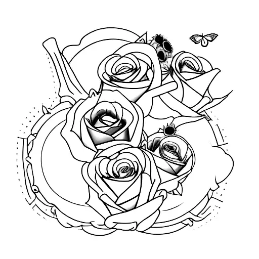 skeleton rock and roll hand with sunflowers and roses  tattoo design idea