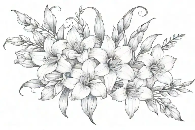 single  floral vine with one each of gladiolus, larkspur, cosmos, narcissus, and violet flowers tattoo design idea