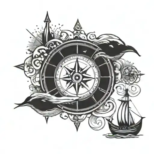 Viking compass and Viking boat sailing tattoo design idea