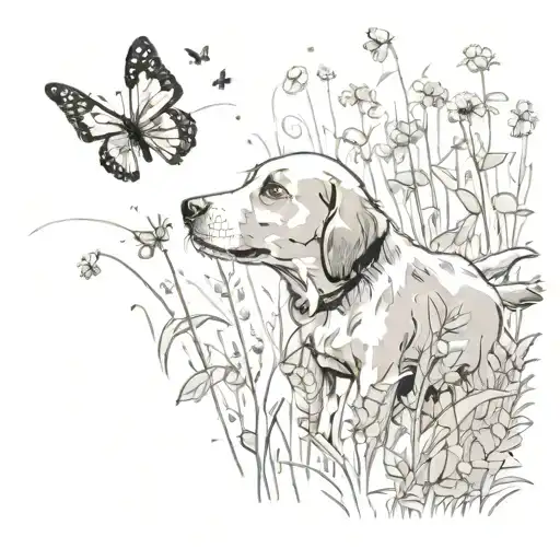 A dog playing with a butterfly in a meadow tattoo design idea