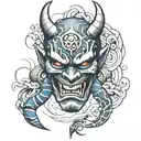 broken oni mask tattoo design idea