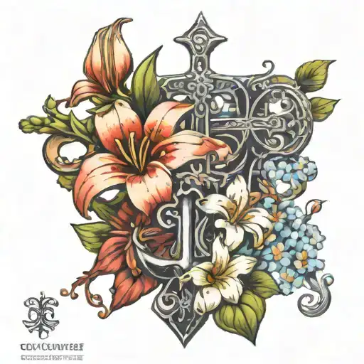lilies and daisies and hibiscuses with an ankh symbol intertwined tattoo design idea
