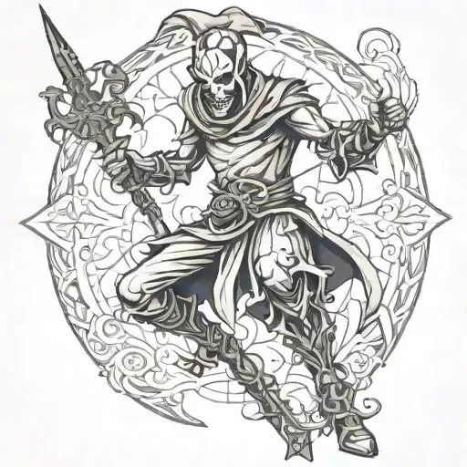 full body evil, skinny, jester with legs wrapped around a sword like a pole tattoo design idea