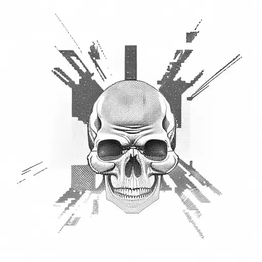 A glitched out image of a computer screen displaying a pixelated skull and crossbones tattoo design idea
