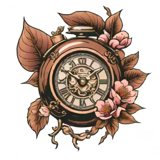 car turbo clock face cherry blossom tree tattoo design idea