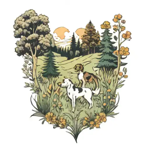 meadow with trees and dogs playing   tattoo design idea