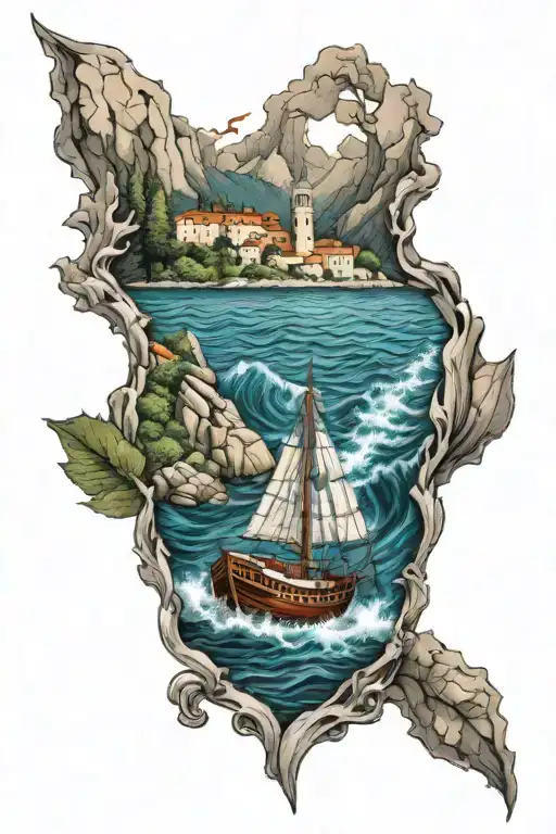 Croatia sea boat surrounded by water flowing tattoo design idea