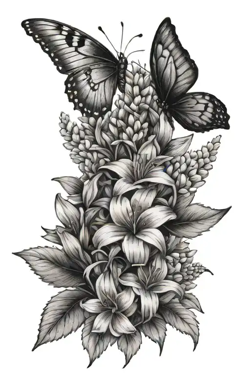 a bouquet of december and august birth flowers with lilacs and a butterfly flying next to it tattoo design idea