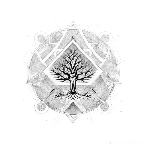 nordic tribal with tree and geometrics, the name "theo", eye, viking tattoo design idea