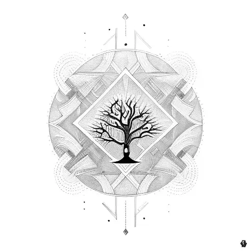 nordic tribal with tree and geometrics, the name "theo" tattoo design idea