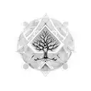 nordic tribal with tree and geometrics, the name "theo", eye, viking tattoo design idea
