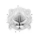 nordic tribal with tree and geometrics, the name "theo", eye, viking tattoo design idea