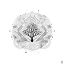 nordic tribal with tree and geometrics, the name "theo", eye, viking tattoo design idea