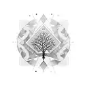nordic tribal with tree and geometrics, the name "theo" tattoo design idea