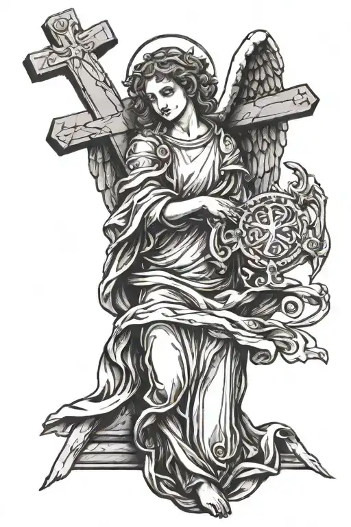 angel holding a cross tattoo design idea