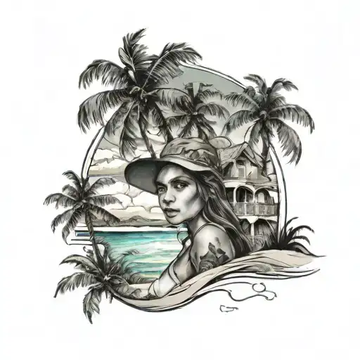 portrait of a girl overlapping the beach with the sea and palm trees tattoo design idea