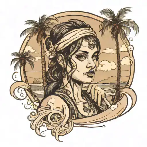 portrait of a girl overlapping the beach with the sea and palm trees tattoo design idea