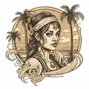 portrait of a girl overlapping the beach with the sea and palm trees tattoo design idea
